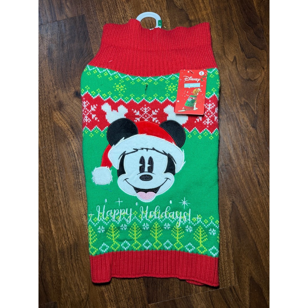 Disney Mickey Mouse Pet Sweater Large Green Red NWT Holiday Fair Isle Dog Knit